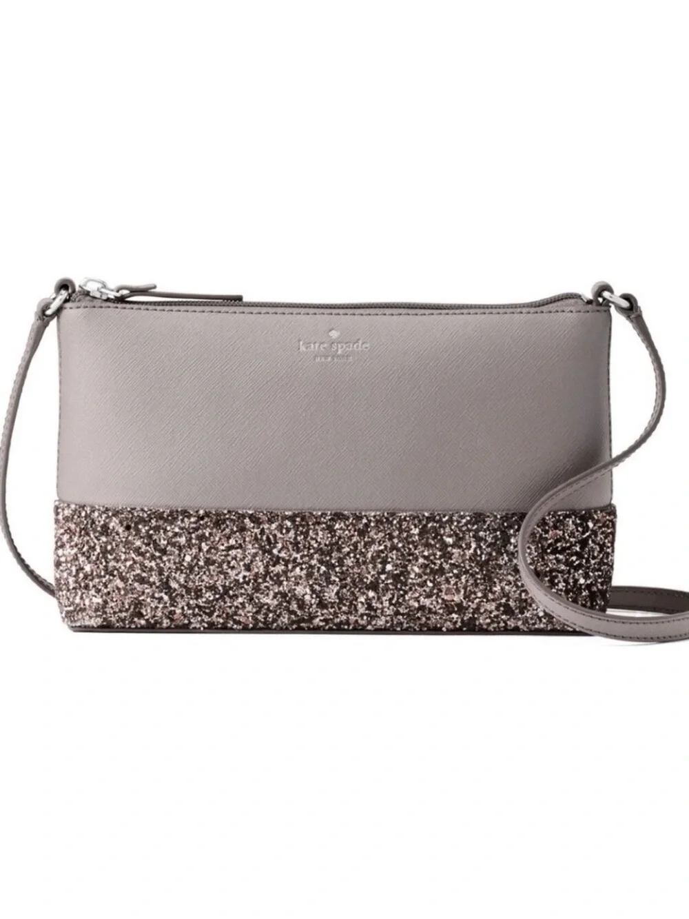 Kate Spade Grey Gold Leather Glitter Crossbody Bag EUC 10”x 6”- 20”handle drop